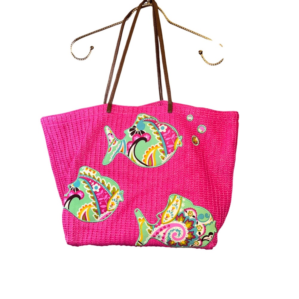 Vera Bradley Paisley Fish Straw Tote Bag Hot Pink Large Woven Beach Bag